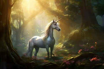 Naklejka premium In a mysterious forest, there is a shining unicorn with a shining gem on its horn fantasy photo