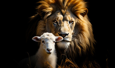 The Lion and the Lamb: Majestic Wildlife Together on Black Background © Bartek