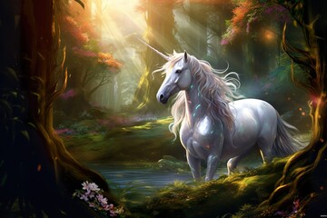 Fototapeta na wymiar In a mysterious forest, there is a shining unicorn with a shining gem on its horn fantasy photo