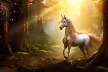 Naklejka na ściany i meble In a mysterious forest, there is a shining unicorn with a shining gem on its horn fantasy photo