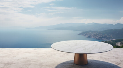 marble table on terace with a view of the sea