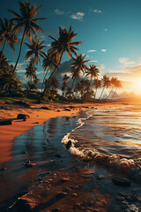Fototapeta premium a paradisiacal beach, with the sun centered at the highest point in the sky, and some palm trees. AI generative