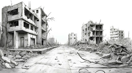 An abandoned city center with derelict buildings and broken roads, hyper quality pencil drawing. generative AI