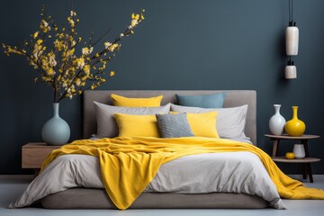 Photo of a cozy bed with a vibrant yellow blanket and matching pillows created with Generative AI technology