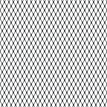 Metallic black mesh on a white background. Crossed diagonal lines. Wavy wires structure. Geometric texture. Seamless repeating pattern. Vector illustration.