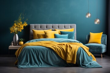 Photo of a cozy and vibrant bed with a blue and yellow comforter and pillows created with Generative AI technology