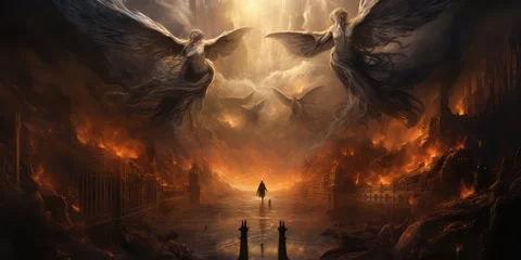 Fototapete Nordlichter angel and demons falls from heaven
