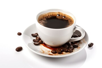Cup of coffee with coffee beans on saucer on white background
