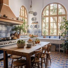 Fototapeta na wymiar Modern artisanal kitchen with blue tiles and traditional Catalan architecture generative ai