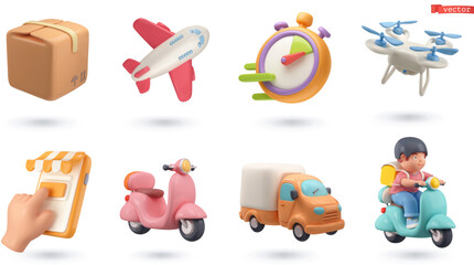 Delivery 3d cartoon vector icon set. Parcel, airplane, stopwatch, drone, online shop, scooter, truck, courier