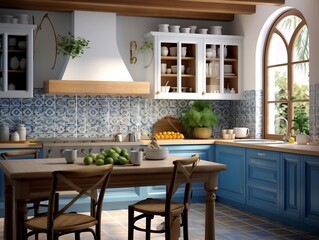Modern artisanal kitchen with blue tiles and traditional Catalan architecture generative ai