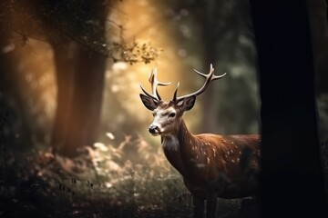 A deer in the dark forest sun shining on its antlers