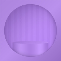 3d mockup of a cylindrical podium or pedestal for a product. Purple display stage. Background with stripes. Cylinder showing through a round window