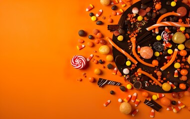 Halloween frame of scattered candy and decor. Top view. AI, Generative AI