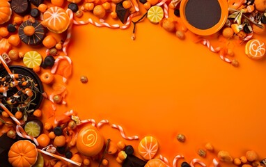 Halloween frame of scattered candy and decor. Top view. AI, Generative AI