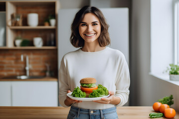 Positive smiling woman holding plate of hamburger and green vegetables. Healthy eating concept