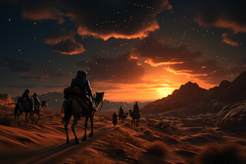Camel procession in desert wonder, walking on rolling sand dunes, star trail photography. AI generative
