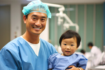 asian surgeon and his young patient in hospital room. AI generated
