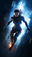 Female astronaut in space flying with smoke background