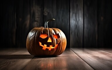 Scary halloween pumpkin on wooden planks. AI, Generative AI