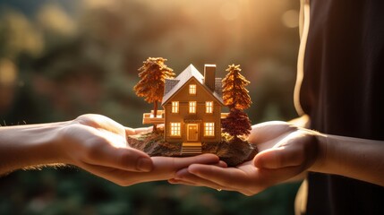 Small house in human hands. New home, business, investment and real estate concept.