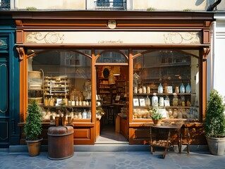 Retro charming storefront with wood carpentry and an elegant vintage feel, generative AI