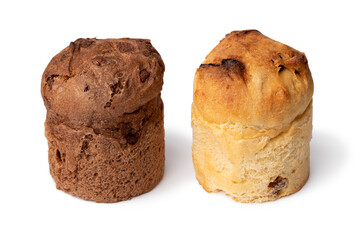 Pair of classico and cioccolato panettoncino isolated on white background