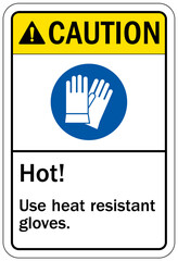 Gloves sign and labels hot, use heat resistant gloves