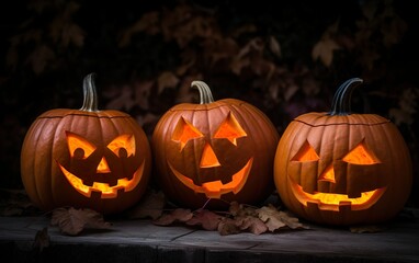 Three halloween Jack Lantern pumpkins. AI, Generative AI