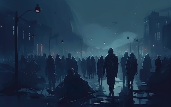 Zombie crowd walking at night halloween concept illustration. AI, Generative AI