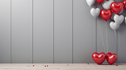 Empty grey wood and birthday decoration and Flower Love , with golden love balloons background. copy space, banner template background.