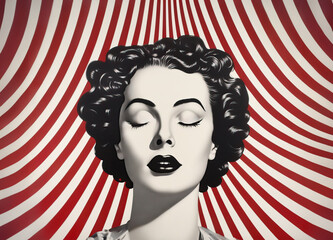 Vintage pop collage Illustration of a beautiful woman over monochromatic pattern, Retro pop art