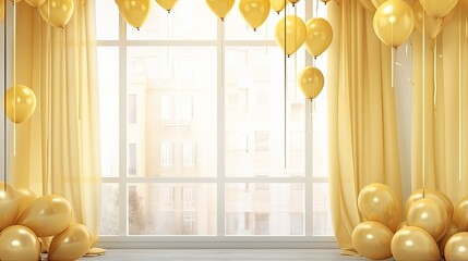 Empty yellow window curtains with birthday decoration with love balloon background. For product display. copy space template background.