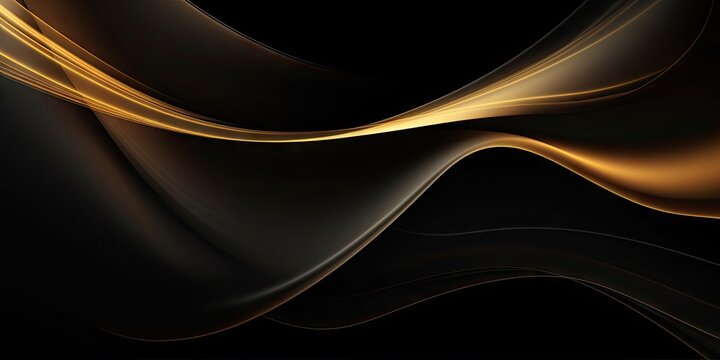 Abstract background with elegant curves and shiny elements. Modern black and gold design for fashion cover. Luxurious art with smooth golden glow lines