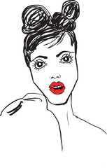 Vector female abstract minimalistic poster drawn with black and red pen. Hand drawn contemporary portrait for print wall art decor, retro style. Abstract collage shapes.