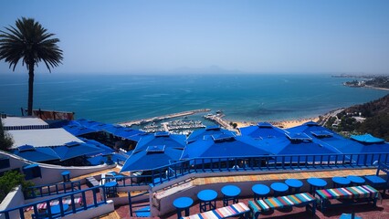 View of the sea from the beautiful city of Sidi Bou Said in Tunisia, Africa - obrazy, fototapety, plakaty