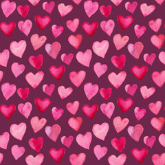 Obraz premium Watercolor abstract seamless pattern of pink and red hearts. Hand painted pastel illustration isolated on dark red background. For design, print, fabric or background.