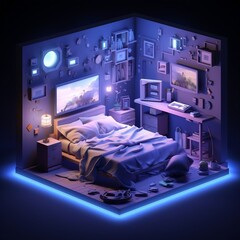 Low-poly isometric aesthetic bedroom, small 3D room with RGB lighting generative ai