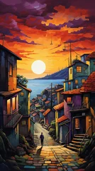 Tuinposter House landscape of slums in illustration during sunset © jazimsenpai