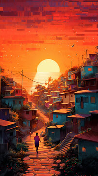 House landscape of slums in illustration during sunset