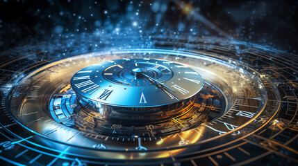 futuristic background with a clock and a blue light ai generated