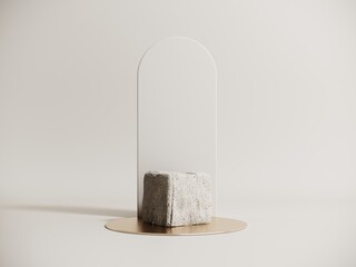Podium, showcase made of stone and cement with green hydrangea flowers - 3d render. Minimal, aesthetic, light natural background. Brutalist style stand for advertising and presentations of products.
