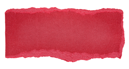 Single piece of isolated ripped crumpled blank vivid red paper with torn rough edges and blank copy space for text on white or transparent background, png design element