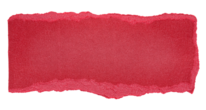 Single piece of isolated ripped crumpled blank vivid red paper with torn rough edges and blank copy space for text on white or transparent background, png design element