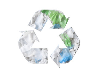 Fototapeta premium Recycling symbol made of plastic on a white background, upcycling, bottle caps, plastic bags, creating from plastic, ecology, future, save the earth, recycle logo, symbol, arrows