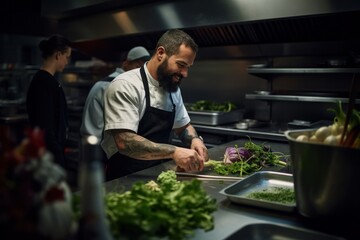 chef in a restaurant kitchen, Kitchen candidness, food waste awareness, chef's impact.