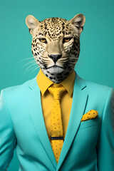 Stylish Man in suit and glasses with a cheetah head standing