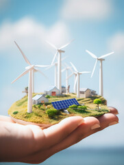 Fototapeta na wymiar hand holding a wind turbine and solar pannel illustration, human and renewable energy, protecting nature, protecting the earth, ecology, nature, clean energy, electricity, industry, clean electricity