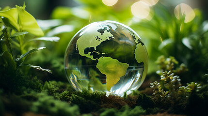 Earth globe in nature, wild life, ecology, tiny planet, forest, moss, earth ball on the ground, dirt, protecting the earth, plant a tree, back to nature, CSR, human impact on nature - obrazy, fototapety, plakaty