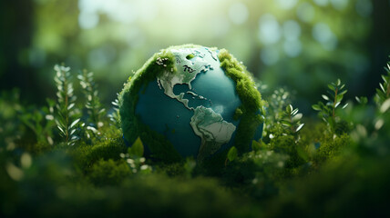 Obraz na płótnie Canvas Earth globe in nature, wild life, ecology, tiny planet, forest, moss, earth ball on the ground, dirt, protecting the earth, plant a tree, back to nature, CSR, human impact on nature